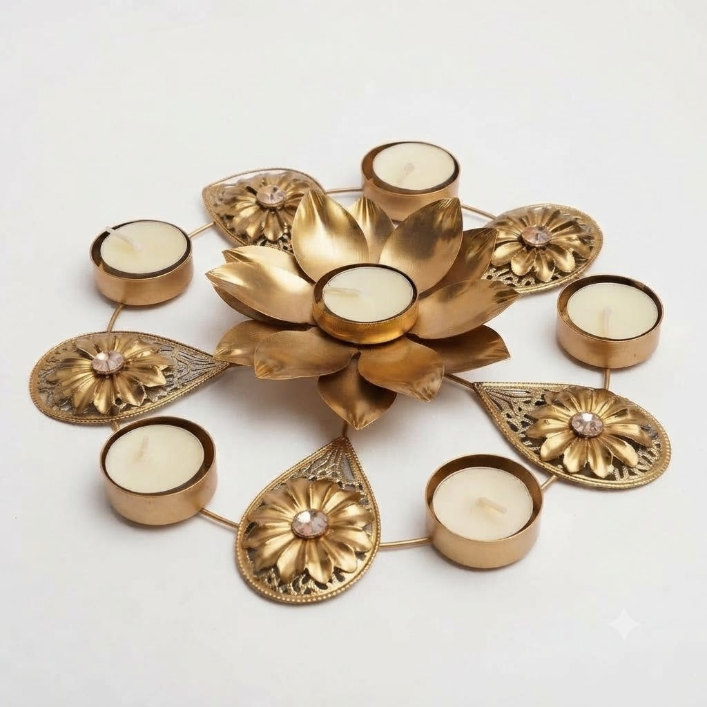 Gold-tone Metal Lotus and Floral Tealight Candle Holder Wall Decor