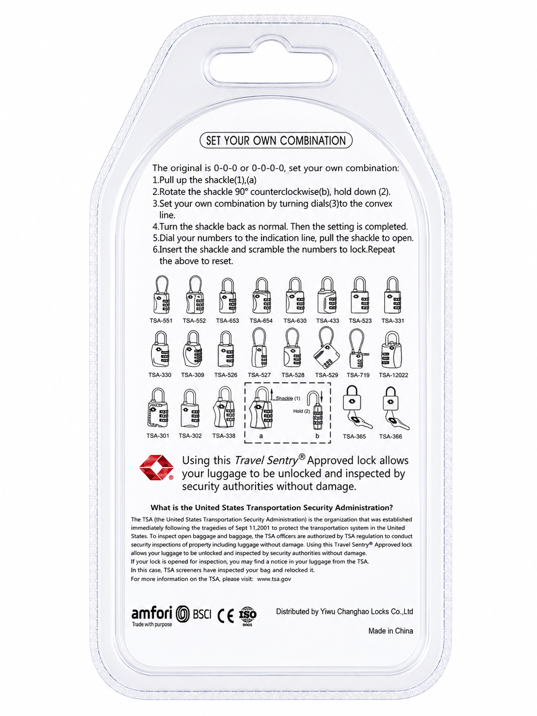 A clear plastic luggage lock packaging insert showing the lock combination settings, a grid of lock models, and printed instructions and certification logos on a white background.
