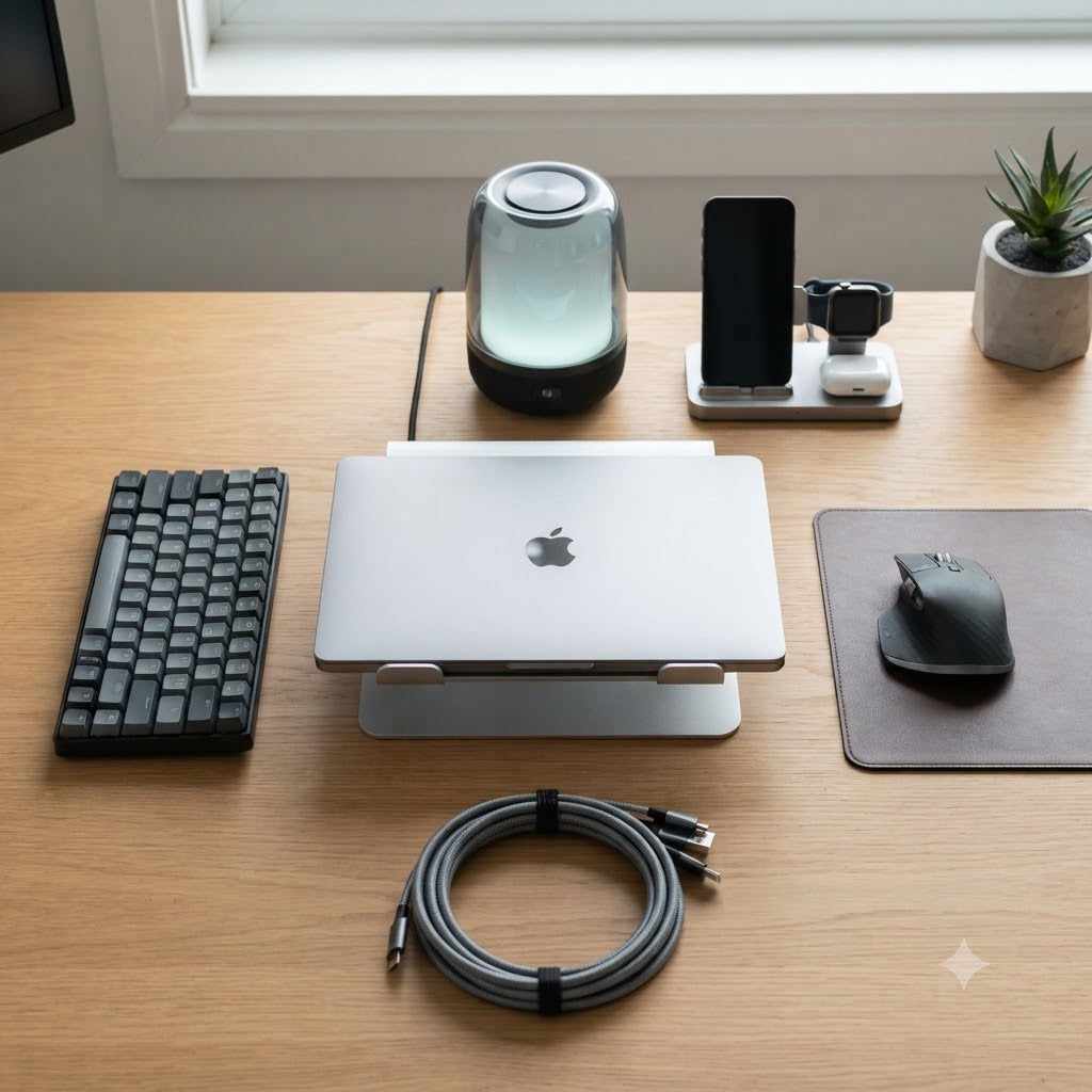 modern minimalist workspace setup featuring wireless charging hub and laptop stand