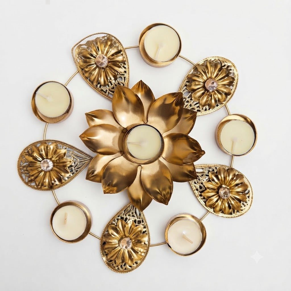 Gold-tone Metal Lotus and Floral Tealight Candle Holder Wall Decor