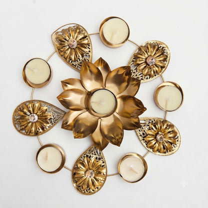 Gold-tone Metal Lotus and Floral Tealight Candle Holder Wall Decor