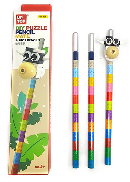 DIY Puzzle Pencil Mate Set – 3 Building Block Pencils with Animal Toppers
