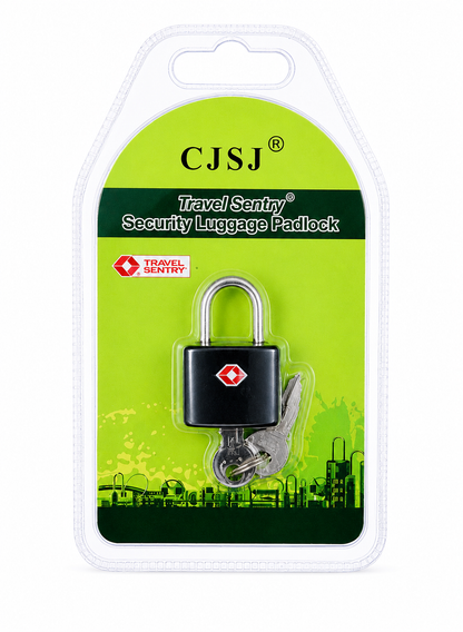 CJSJ Travel Sentry Security Luggage Padlock in its original retail blister packaging, featuring a black padlock with a silver shackle and keys on a bright green and white card.