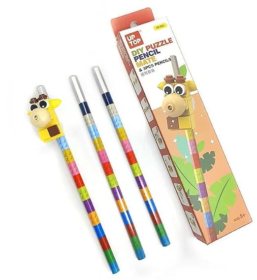 DIY Puzzle Pencil Mate Set – 3 Building Block Pencils with Animal Toppers