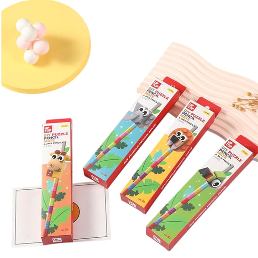 DIY Puzzle Pencil Mate Set – 3 Building Block Pencils with Animal Toppers
