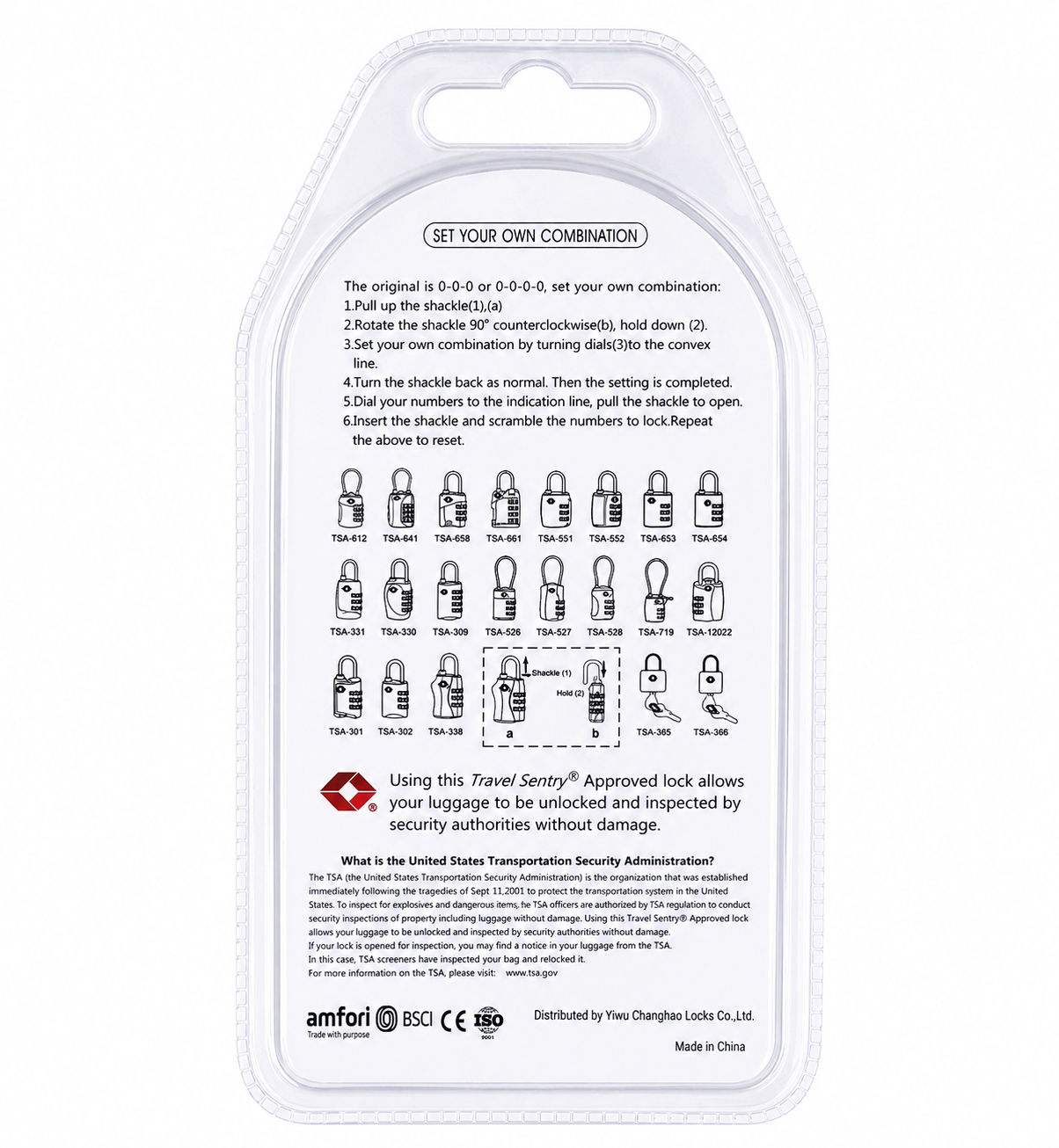 A white plastic clamshell package containing multiple TSA-approved travel locks, with printed instructions, lock diagrams, and branding at the bottom.