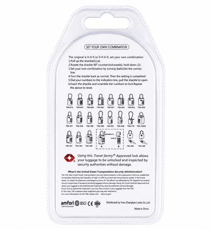 A white plastic clamshell package containing multiple TSA-approved travel locks, with printed instructions, lock diagrams, and branding at the bottom.