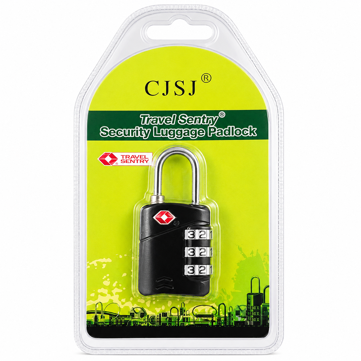 Travel Sentry security luggage padlock in black with a silver shackle, packaged in a clear plastic blister pack with a bright lime green and black backing card. The brand name CJSJ is visible at the top.
