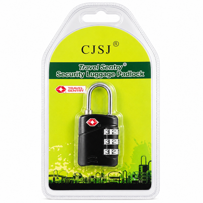 Travel Sentry security luggage padlock in black with a silver shackle, packaged in a clear plastic blister pack with a bright lime green and black backing card. The brand name CJSJ is visible at the top.