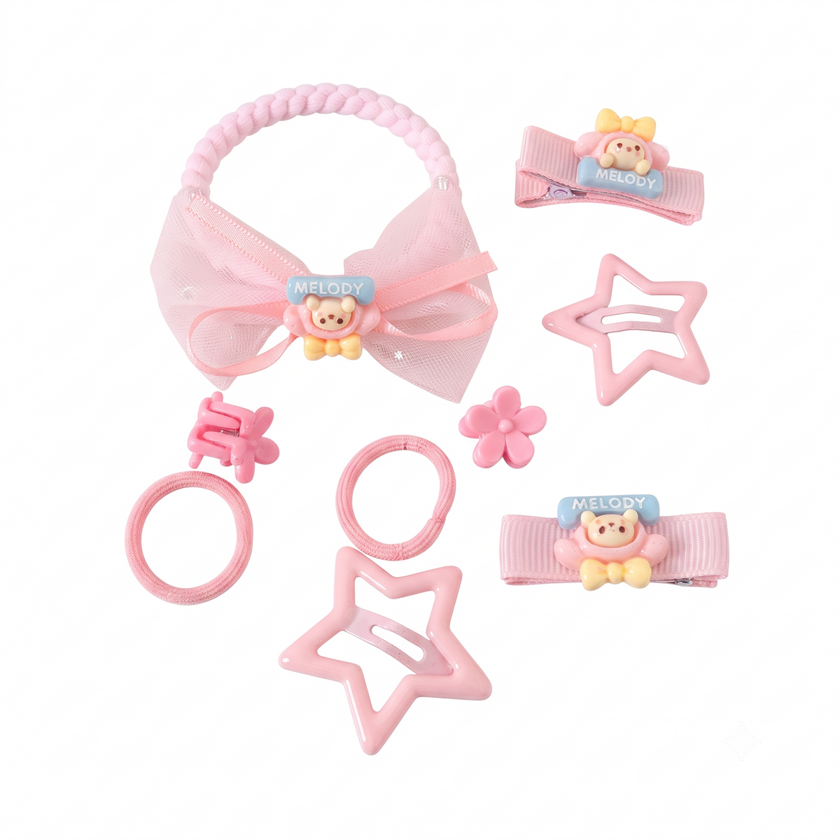 Hair Accessories Set – Girls Hair Clips, Pink Bow Hair Tie, Star Snap Clips, Cartoon Barrettes & Kids Hair Styling Kit