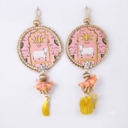 Handcrafted Shubh Labh Lotus Latkan Wall Hanging Set of 2 | Festive Door Decor