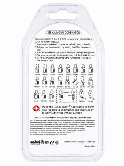 A clear plastic luggage lock packaging insert showing the lock combination settings, a grid of lock models, and printed instructions and certification logos on a white background.