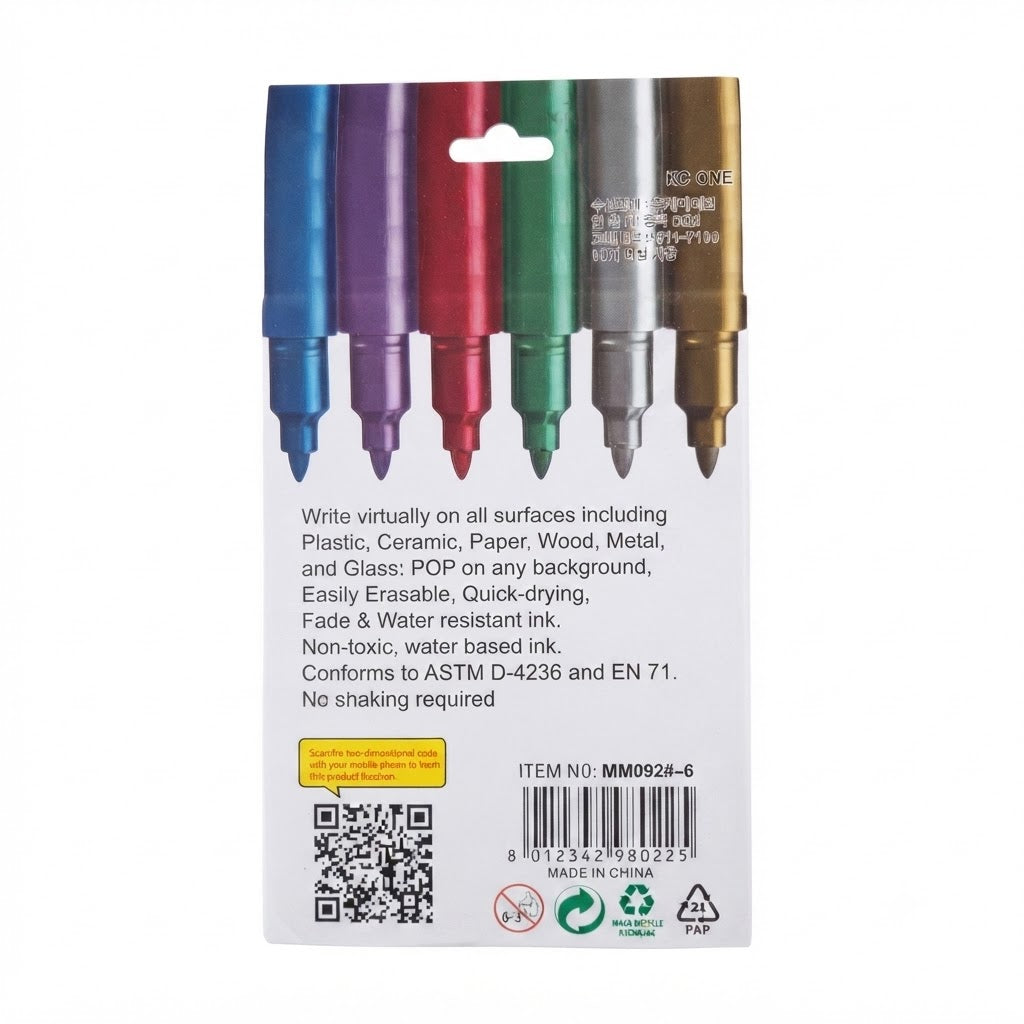 Amazcolor Cooky Metallic Marker Pens – 6-Pack Bullet Tip Multi-Surface Art & Craft Markers (MM092-6)