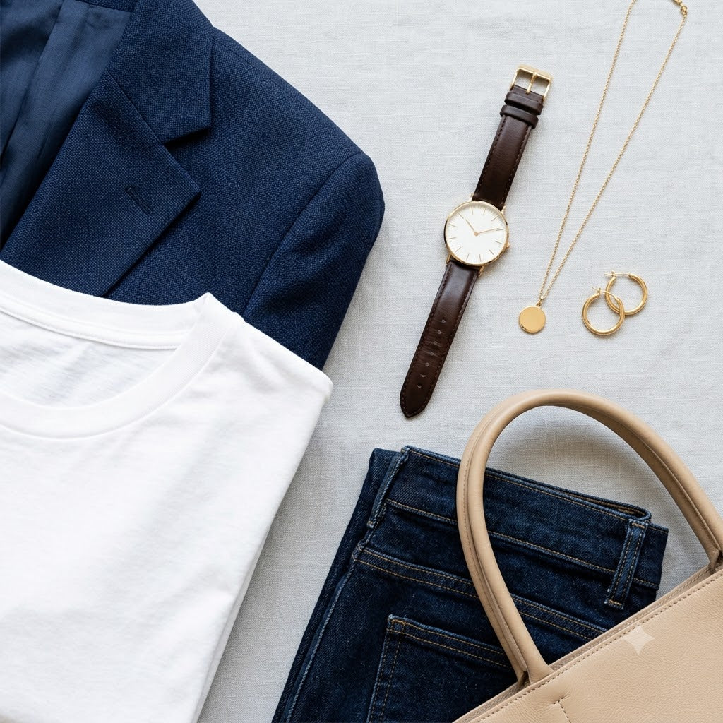 A flatlay of modern capsule wardrobe essentials, featuring a navy blue blazer, a classic white t-shirt, dark denim jeans, a brown leather watch, gold jewelry, and a beige leather handbag.