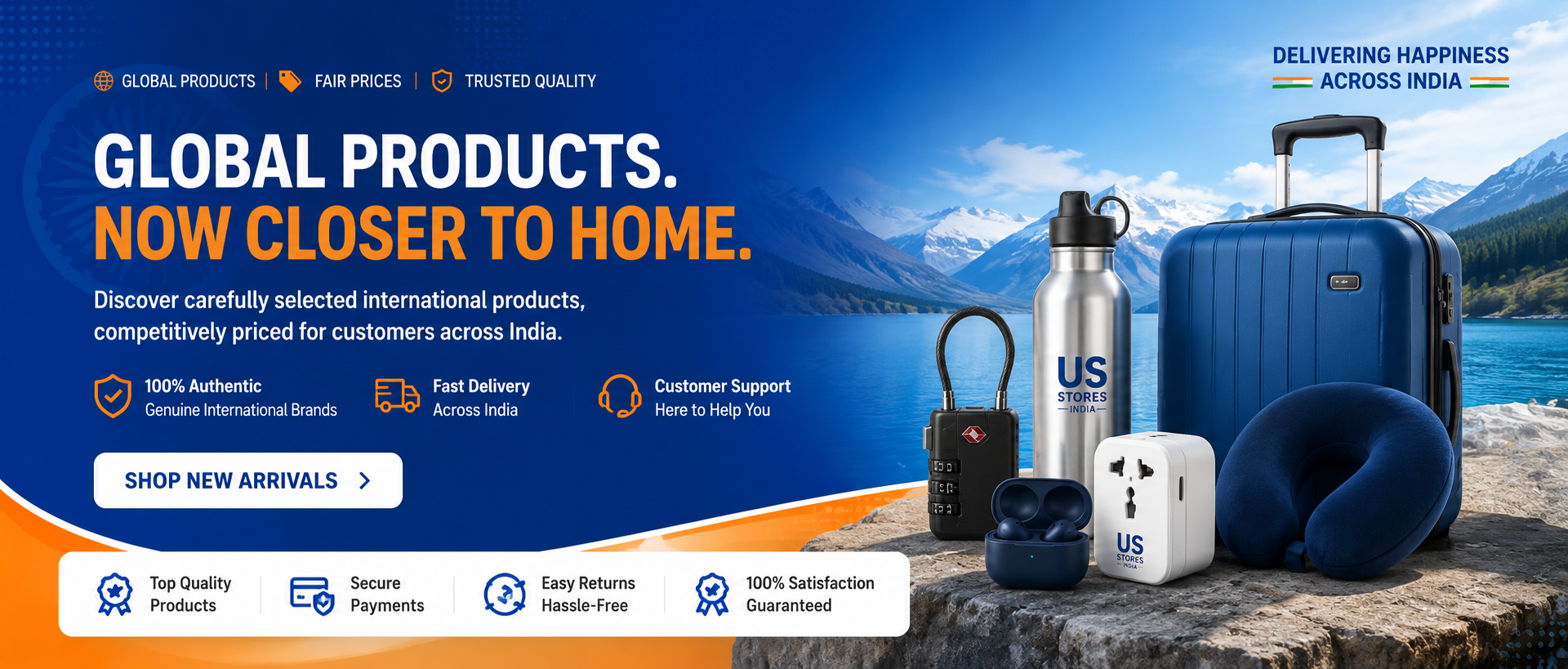 Promotional banner for an electronics and travel accessories store, featuring a blue hard-shell suitcase, a silver water bottle, a black earbud charging case, a white earbud, and a blue neck pillow set against a scenic mountain lake background with text reading 'GLOBAL PRODUCTS. NOW CLOSER TO HOME.